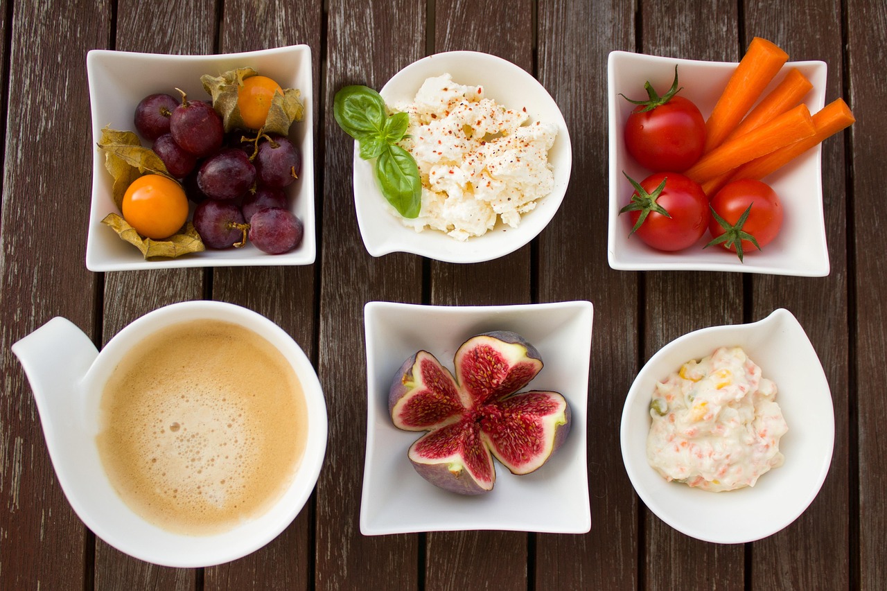 breakfast, vegetables, coffee, fig, fruit, cheese, spread, healthy, nourishment, tasty, food, vegetarian, yummy, meal, breakfast table, vitamins, multicoloured, have breakfast, in the morning, early, cup, coffee cup, plate, health, hummus
